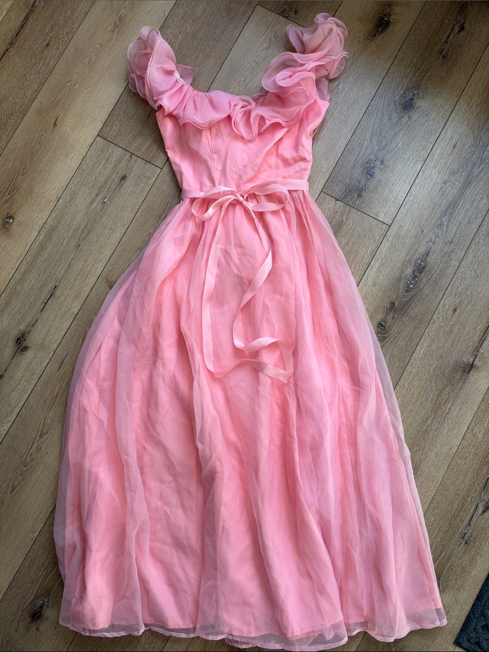 Vintage Union Made Pink Ruffled Formal Dress Maxi Size XS Party